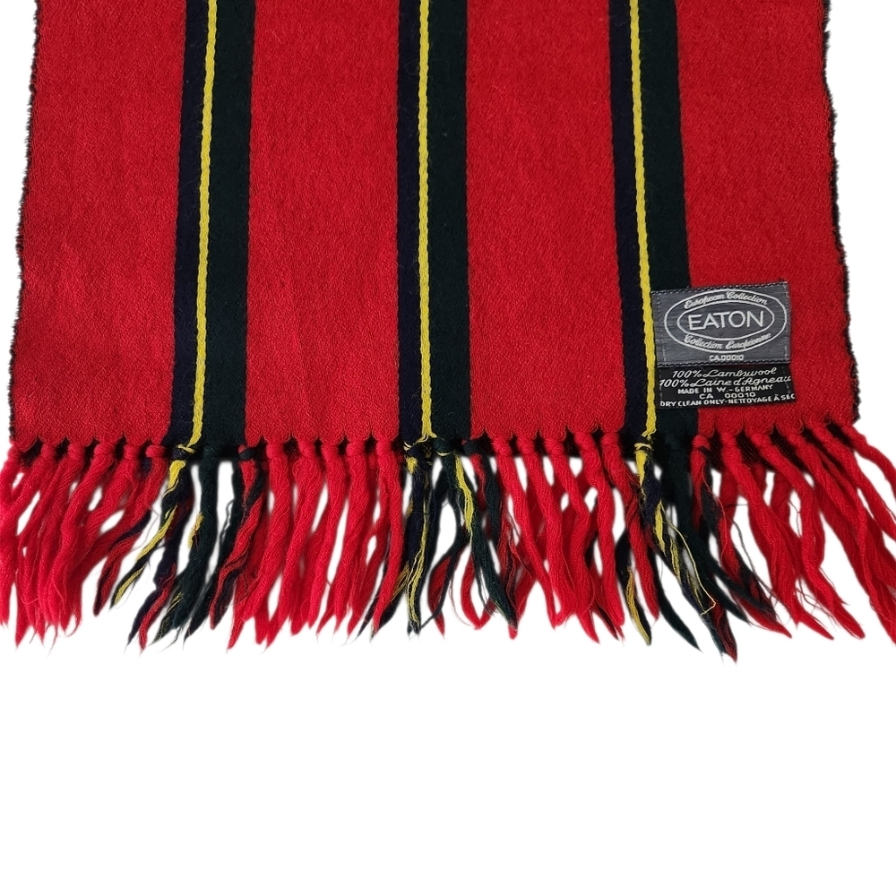 EATON – Red Black Stripe Lambswool Fringe Scarf vintage os - Picture 4 of 8
